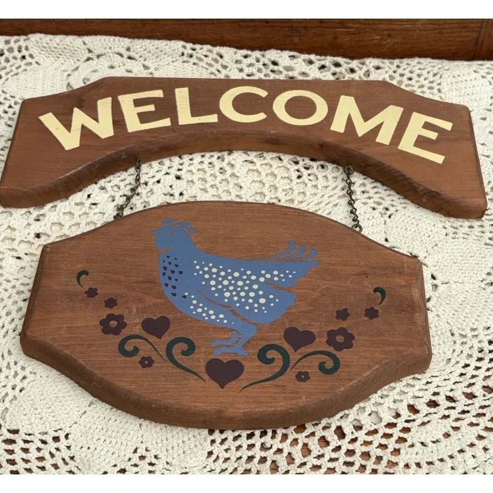 Vtg Country Chicken Welcome Sign Hand Painted Wood Farmhouse Hanging Wall Decor